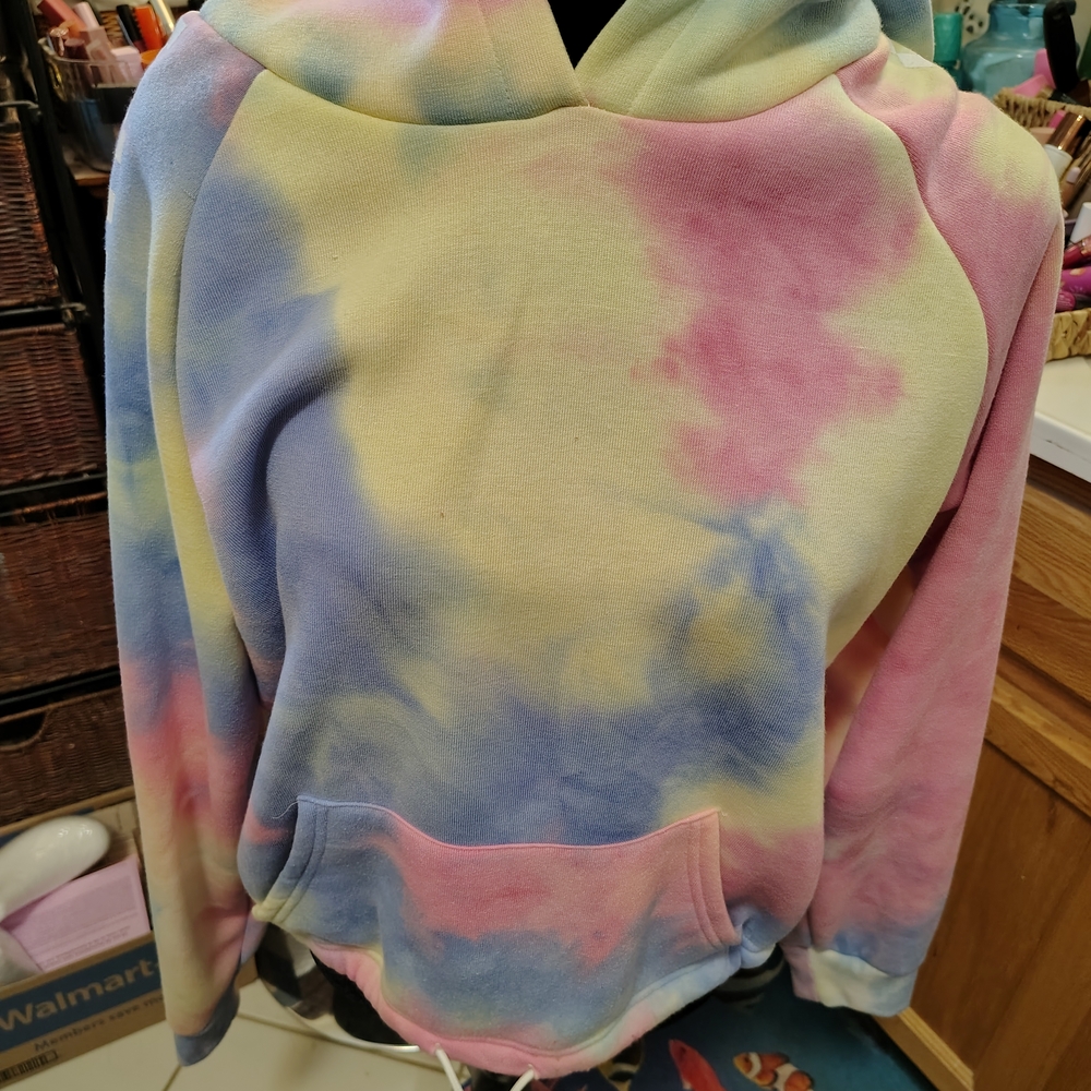 Faded Rose Tie-Dye Hoodie Checkered Sleeves Sweatshirt/NWOT/Not Worn/SZ L